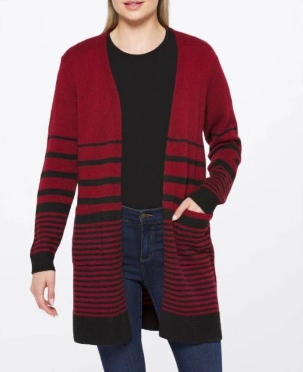 Fortune + Ivy Seamless Stripes Open Cardigan in Red and Black - M
